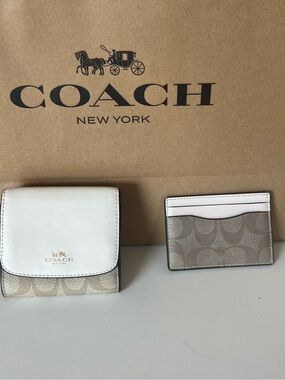 Coach White Leather & Beige Signature Canvas Wallet and Card Case Set